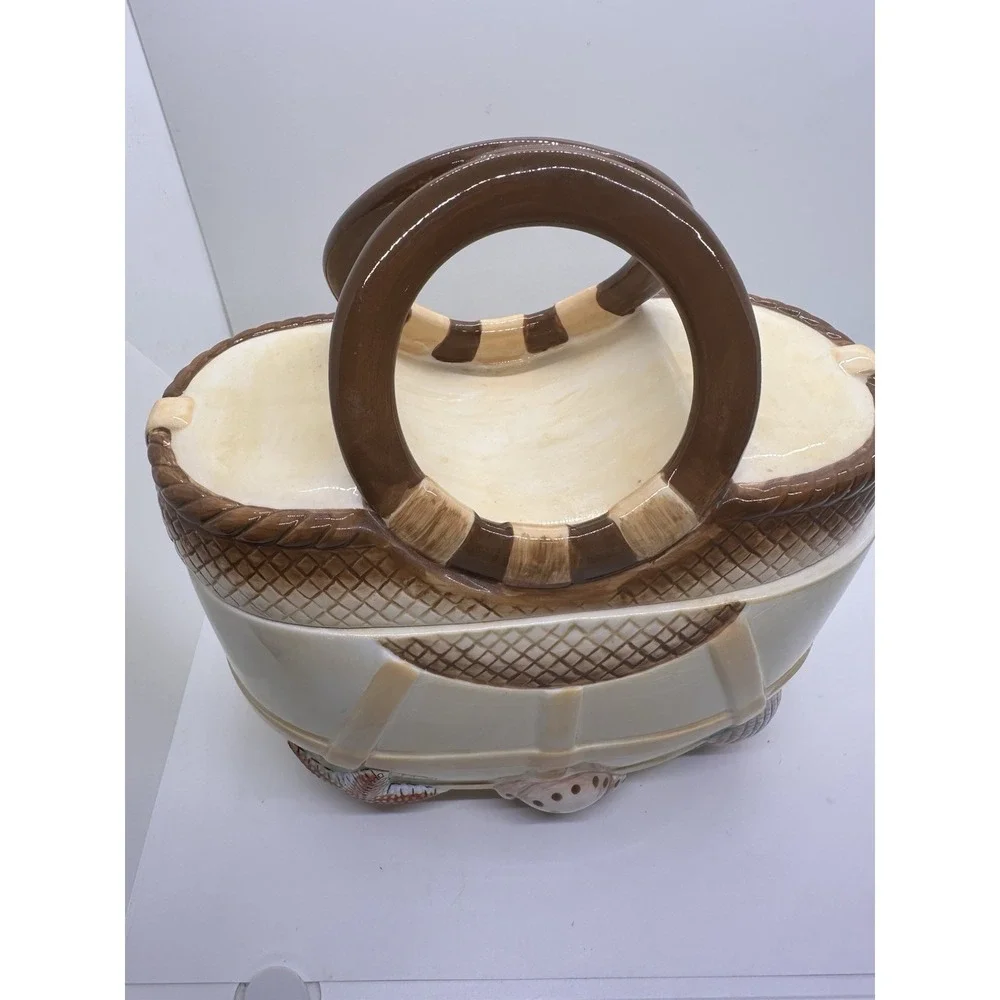 Vtg Ceramic Figural Beach Bag Shape Relief Shells 9.5‎ in Nautical Cookie Jar